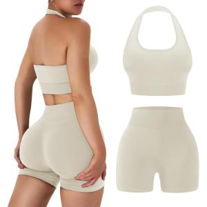 OLCHEE Workout Sets for Women 2 Piece Backless Halter Sports Bra High Waist Booty Shorts Yoga Gym Outfits Lounge Activewear(Solid Cream)