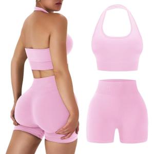 OLCHEE Workout Sets for Women 2 Piece Backless Halter Sports Bra High Waist Booty Shorts Yoga Gym Outfits Lounge Activewear(Solid Light Pink)