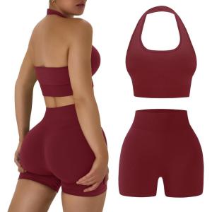 OLCHEE Workout Sets for Women 2 Piece Backless Halter Sports Bra High Waist Booty Shorts Yoga Gym Outfits Lounge Activewear(Solid Red)