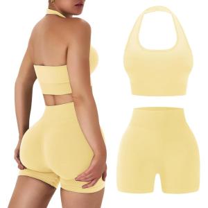 OLCHEE Workout Sets for Women 2 Piece Backless Halter Sports Bra High Waist Booty Shorts Yoga Gym Outfits Lounge Activewear(Solid Yellow)