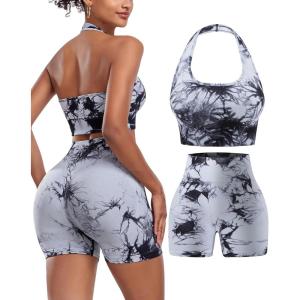 OLCHEE Workout Sets for Women 2 Piece Backless Halter Sports Bra High Waist Booty Shorts Yoga Gym Outfits Lounge Activewear(Tie Dye Black Gray)