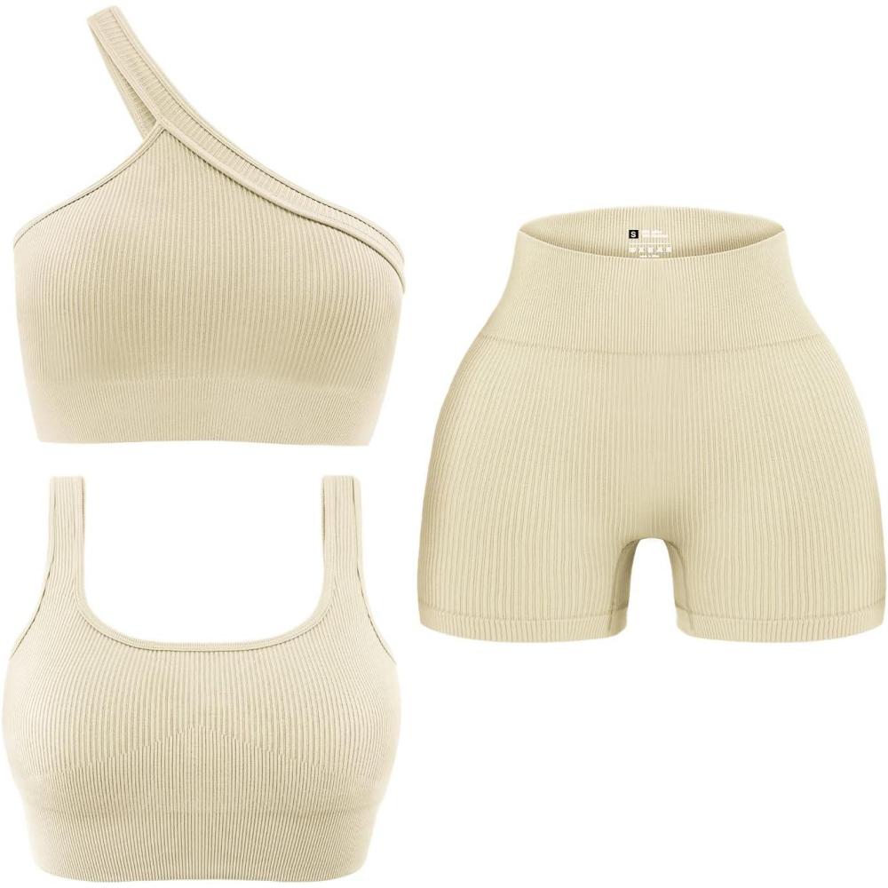 imageOLCHEE Womens 3 Piece Workout Sets  Seamless Ribbed Yoga Outfits Sports Bra One Shoulder Top Biker Shorts Gym Athletic ClothBeige