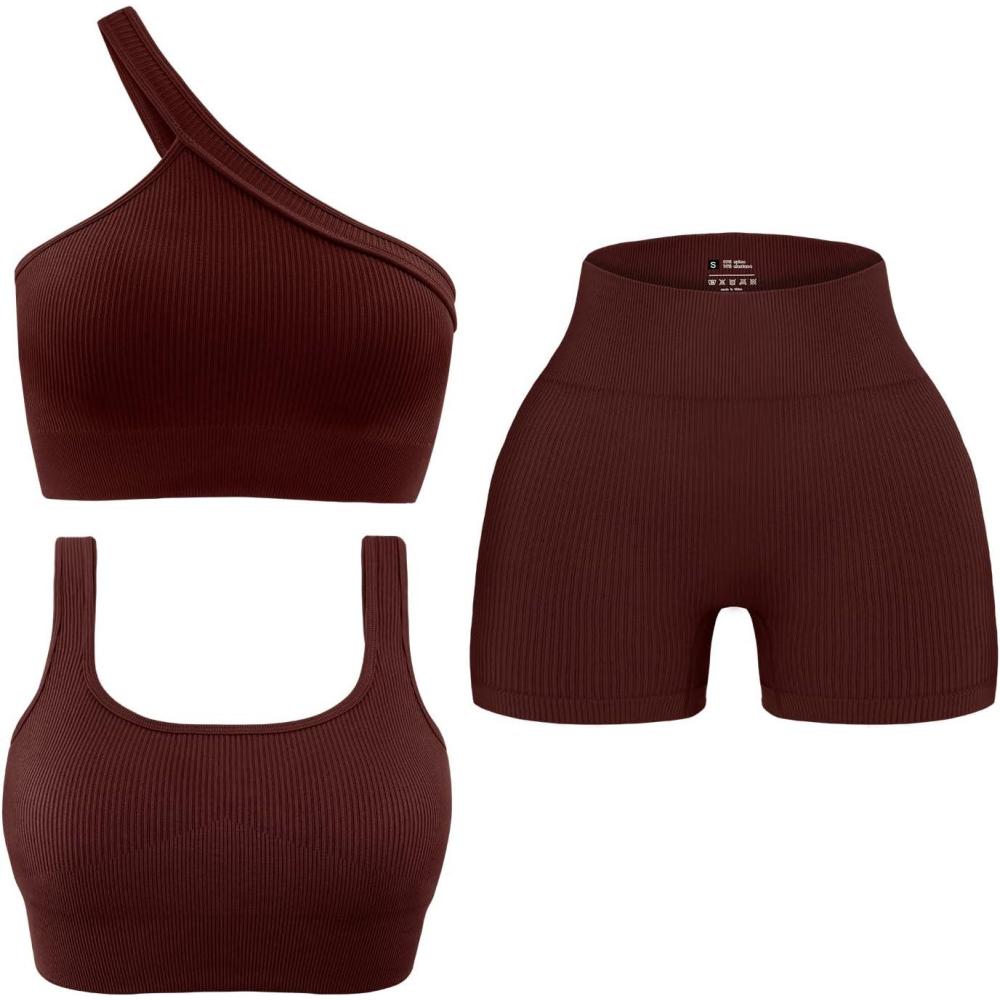 imageOLCHEE Womens 3 Piece Workout Sets  Seamless Ribbed Yoga Outfits Sports Bra One Shoulder Top Biker Shorts Gym Athletic ClothBrown