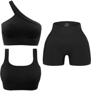 OLCHEE Womens 3 Piece Workout Sets – Seamless Ribbed Yoga Outfits Sports Bra One Shoulder Top Biker Shorts Gym Athletic Cloth(Black)