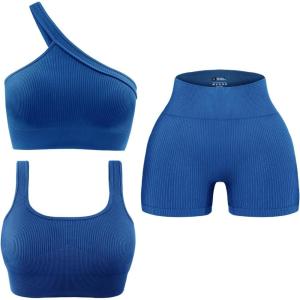 OLCHEE Womens 3 Piece Workout Sets – Seamless Ribbed Yoga Outfits Sports Bra One Shoulder Top Biker Shorts Gym Athletic Cloth(Blue)