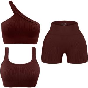 OLCHEE Womens 3 Piece Workout Sets – Seamless Ribbed Yoga Outfits Sports Bra One Shoulder Top Biker Shorts Gym Athletic Cloth(Brown)