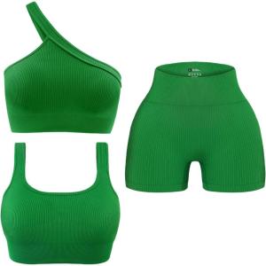 OLCHEE Womens 3 Piece Workout Sets – Seamless Ribbed Yoga Outfits Sports Bra One Shoulder Top Biker Shorts Gym Athletic Cloth(Green)