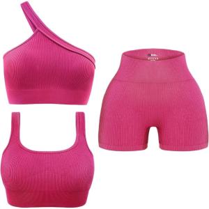OLCHEE Womens 3 Piece Workout Sets – Seamless Ribbed Yoga Outfits Sports Bra One Shoulder Top Biker Shorts Gym Athletic Cloth(Pink)