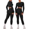 imageOLCHEE Womens Workout Sets 2 Piece Seamless Long Sleeve Crew Neck Crop Top Shirts Scrunch Butt Leggings Gym Yoga OutfitsBlack