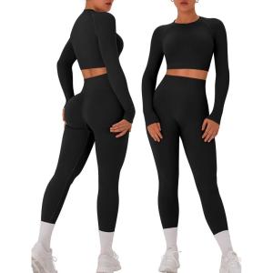 OLCHEE Womens Workout Sets 2 Piece Seamless Long Sleeve Crew Neck Crop Top Shirts Scrunch Butt Leggings Gym Yoga Outfits(Black)