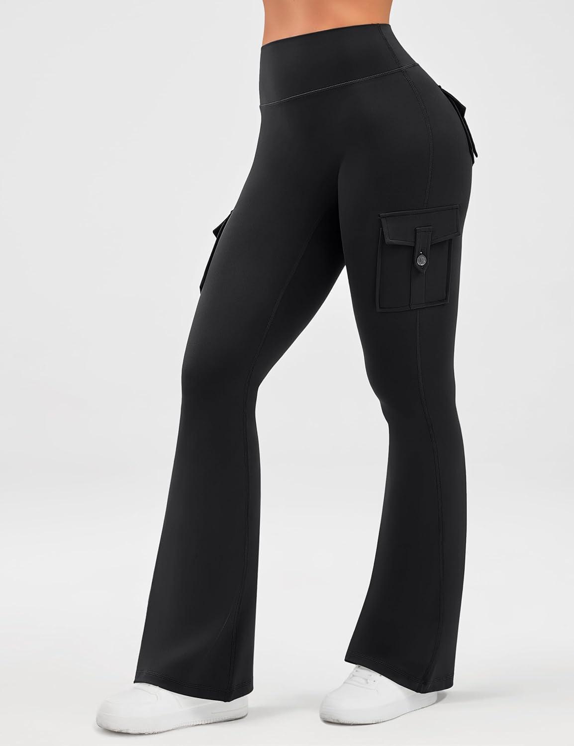 imageOLCHEE Womens Yoga Pants Flare Leggings with Cargo Pockets Scrunch Butt Lifting High Waist Tummy Control Gym Workout BootcutInseam 31 Black