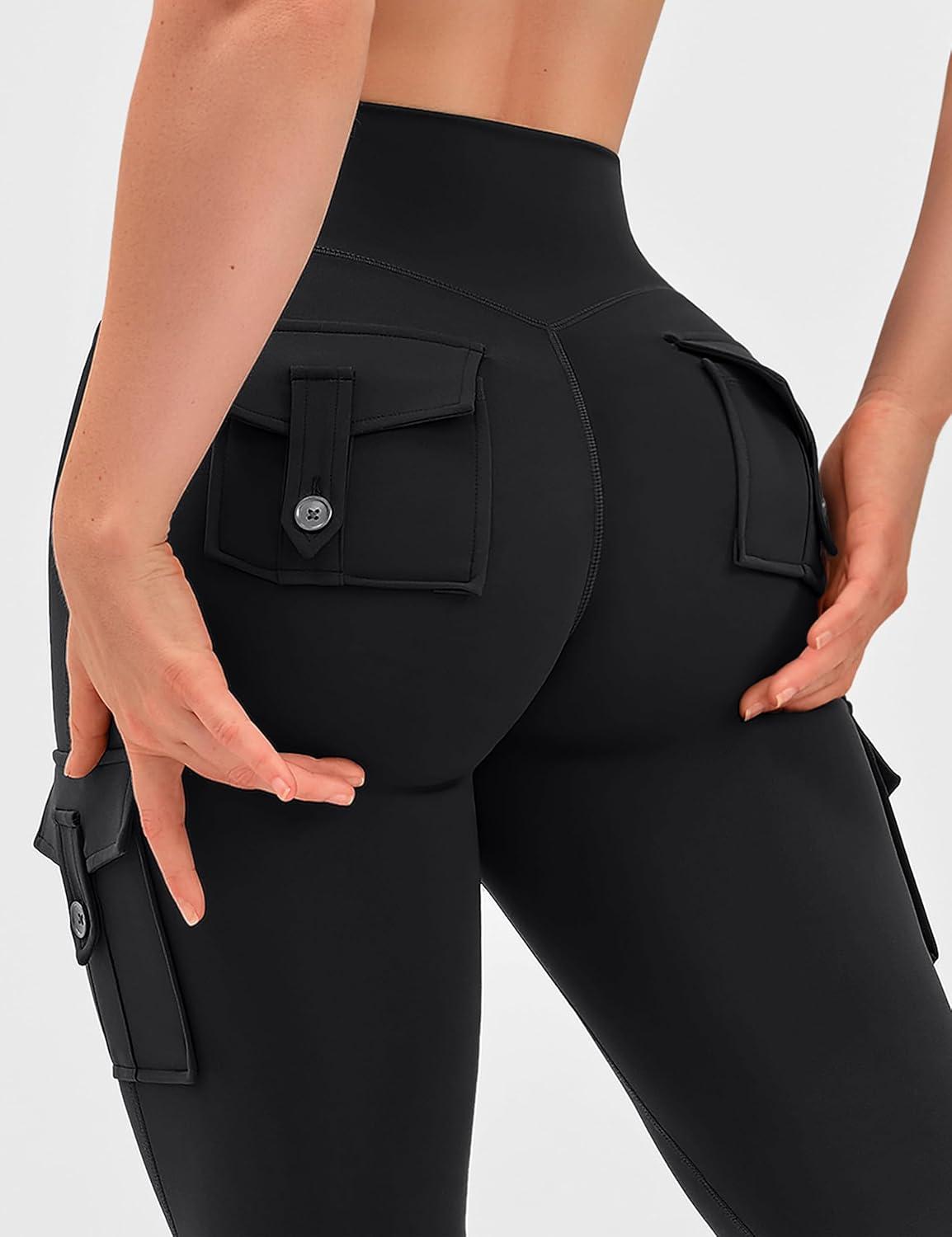 imageOLCHEE Womens Yoga Pants Flare Leggings with Cargo Pockets Scrunch Butt Lifting High Waist Tummy Control Gym Workout BootcutInseam 31 Black