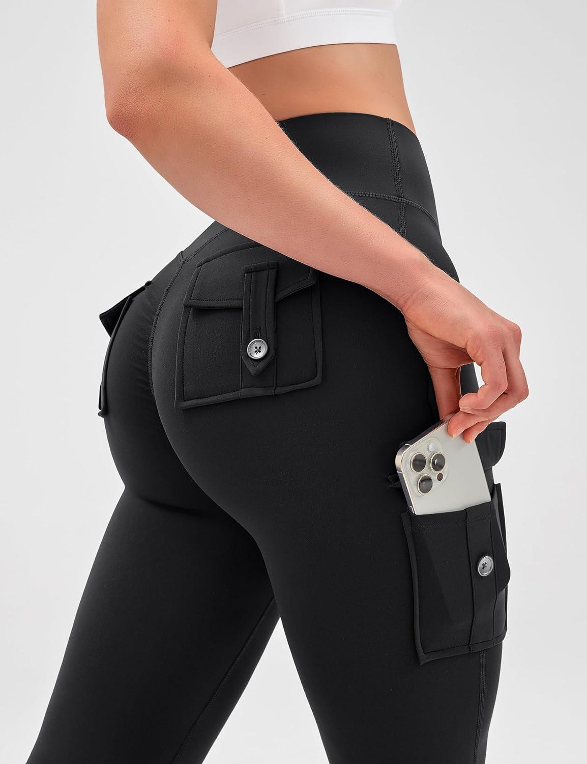 imageOLCHEE Womens Yoga Pants Flare Leggings with Cargo Pockets Scrunch Butt Lifting High Waist Tummy Control Gym Workout BootcutInseam 31 Black