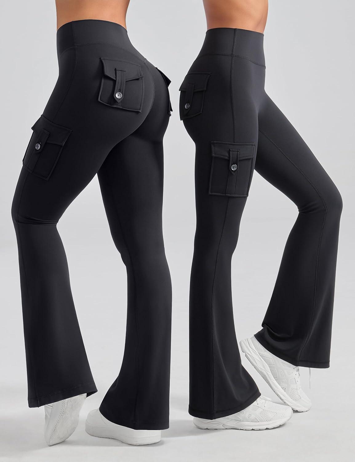 imageOLCHEE Womens Yoga Pants Flare Leggings with Cargo Pockets Scrunch Butt Lifting High Waist Tummy Control Gym Workout BootcutInseam 31 Black