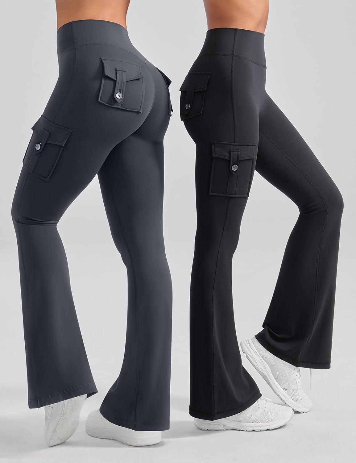 imageOLCHEE Womens Yoga Pants Flare Leggings with Cargo Pockets Scrunch Butt Lifting High Waist Tummy Control Gym Workout BootcutInseam 31 Dark Grey