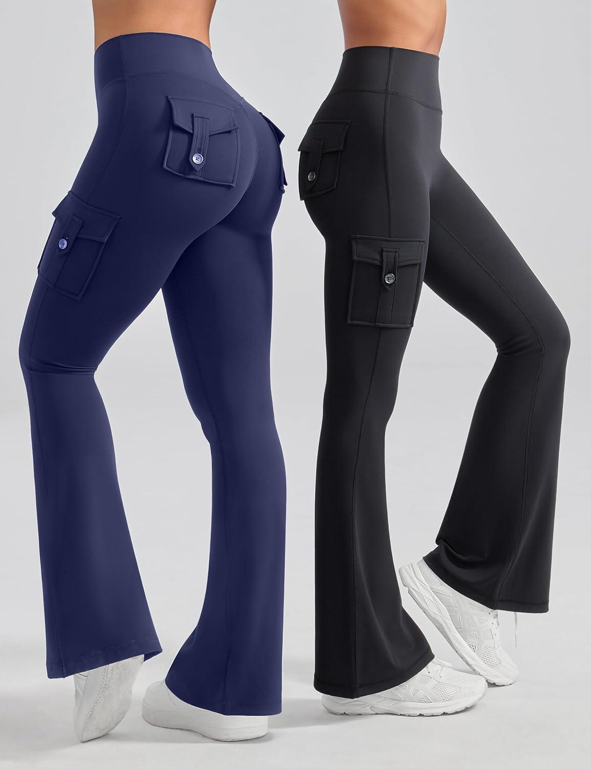 imageOLCHEE Womens Yoga Pants Flare Leggings with Cargo Pockets Scrunch Butt Lifting High Waist Tummy Control Gym Workout BootcutInseam 31 Navy Blue