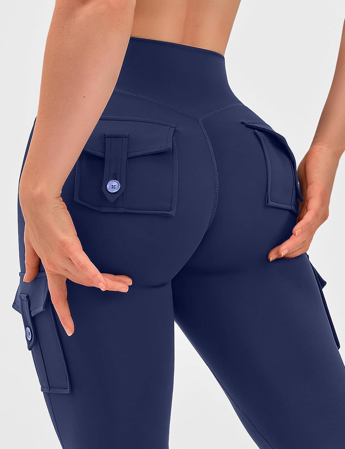 imageOLCHEE Womens Yoga Pants Flare Leggings with Cargo Pockets Scrunch Butt Lifting High Waist Tummy Control Gym Workout BootcutInseam 31 Navy Blue