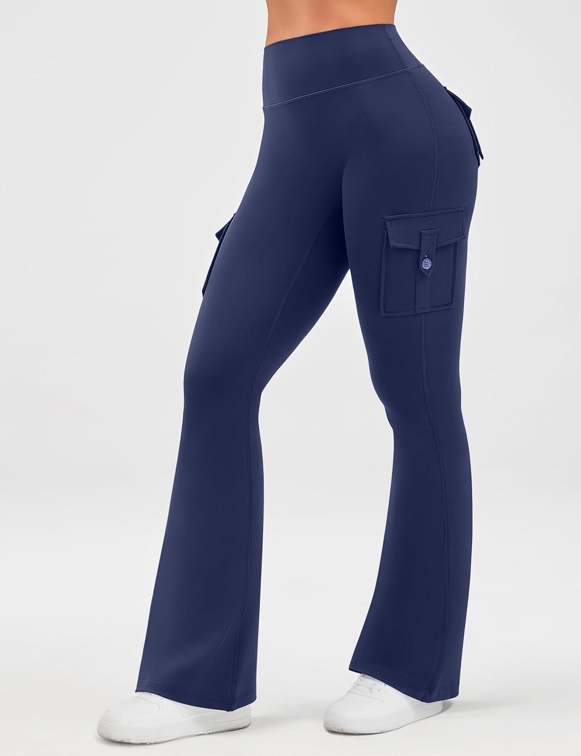 imageOLCHEE Womens Yoga Pants Flare Leggings with Cargo Pockets Scrunch Butt Lifting High Waist Tummy Control Gym Workout BootcutInseam 31 Navy Blue