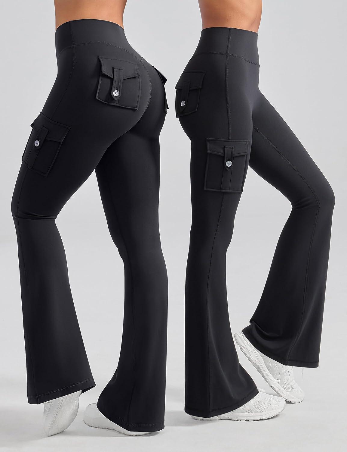 imageOLCHEE Womens Yoga Pants Flare Leggings with Cargo Pockets Scrunch Butt Lifting High Waist Tummy Control Gym Workout BootcutInseam 33 Black