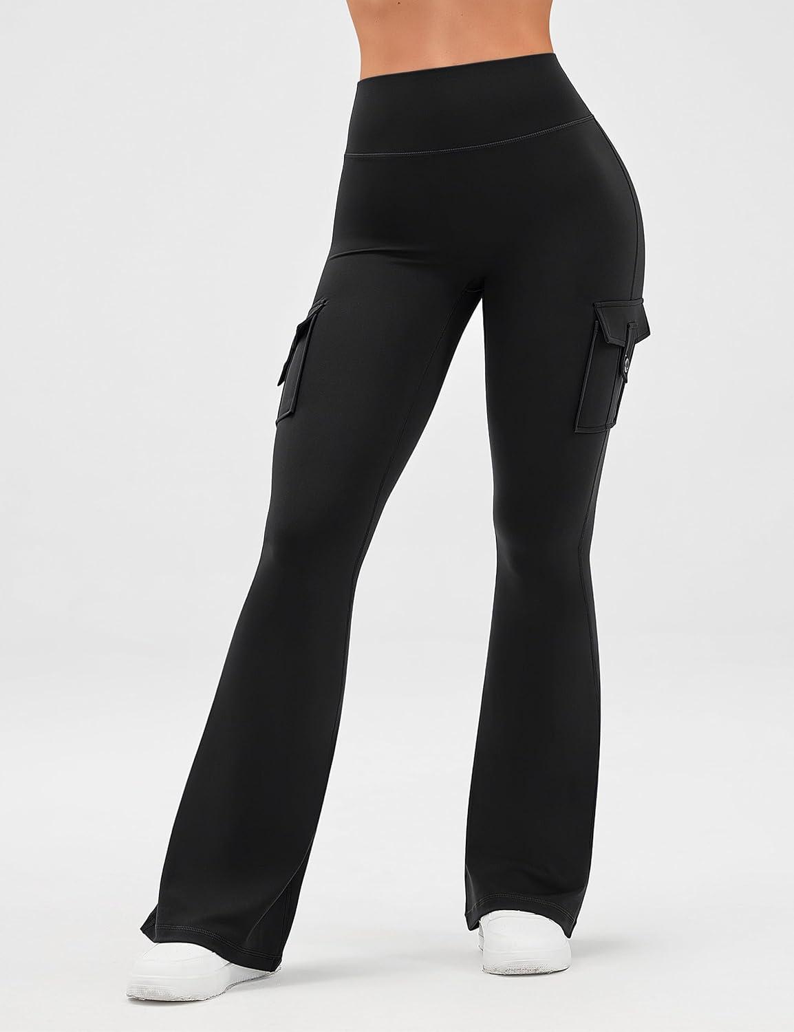 imageOLCHEE Womens Yoga Pants Flare Leggings with Cargo Pockets Scrunch Butt Lifting High Waist Tummy Control Gym Workout BootcutInseam 33 Black