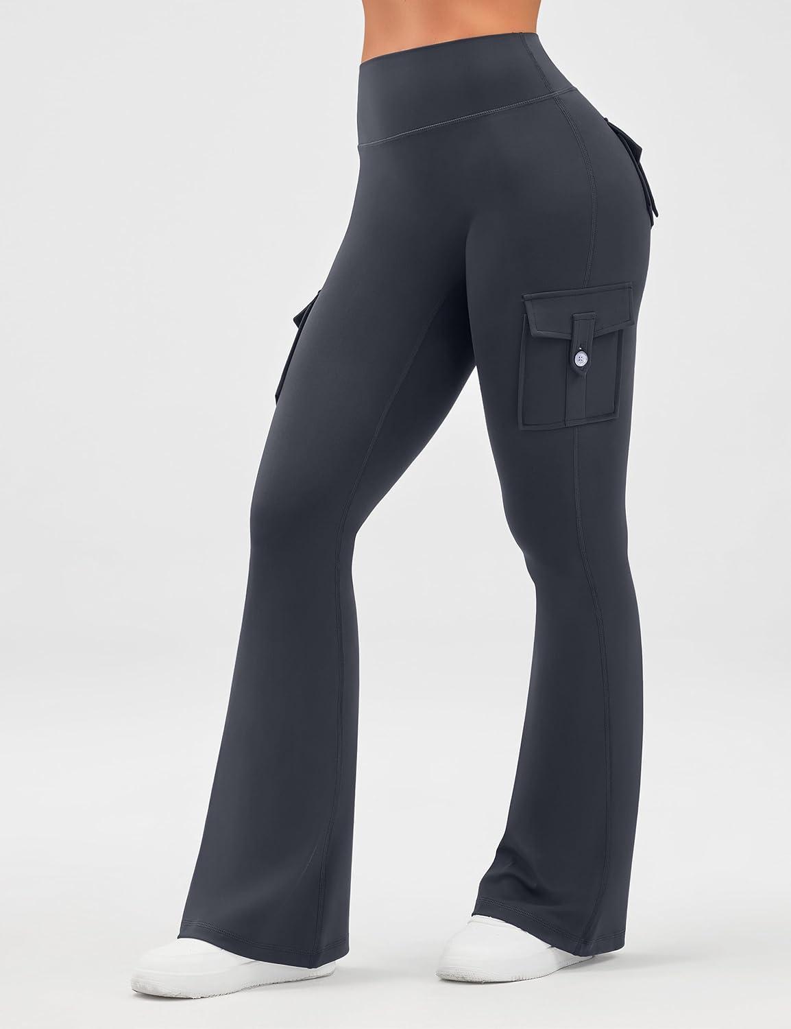 imageOLCHEE Womens Yoga Pants Flare Leggings with Cargo Pockets Scrunch Butt Lifting High Waist Tummy Control Gym Workout BootcutInseam 33 Dark Grey