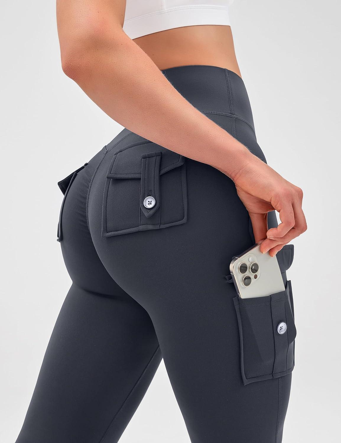 imageOLCHEE Womens Yoga Pants Flare Leggings with Cargo Pockets Scrunch Butt Lifting High Waist Tummy Control Gym Workout BootcutInseam 33 Dark Grey