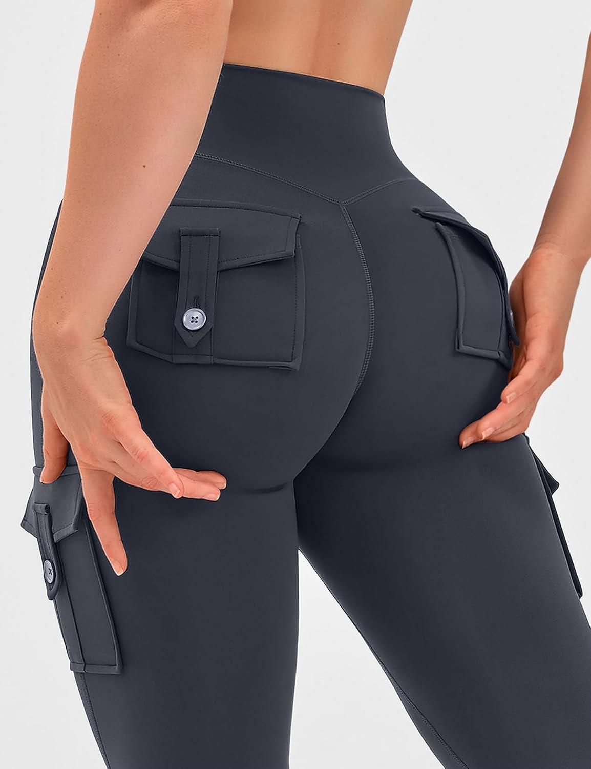 imageOLCHEE Womens Yoga Pants Flare Leggings with Cargo Pockets Scrunch Butt Lifting High Waist Tummy Control Gym Workout BootcutInseam 33 Dark Grey
