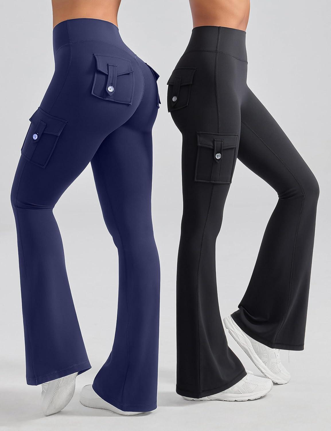imageOLCHEE Womens Yoga Pants Flare Leggings with Cargo Pockets Scrunch Butt Lifting High Waist Tummy Control Gym Workout BootcutInseam 33 Navy Blue
