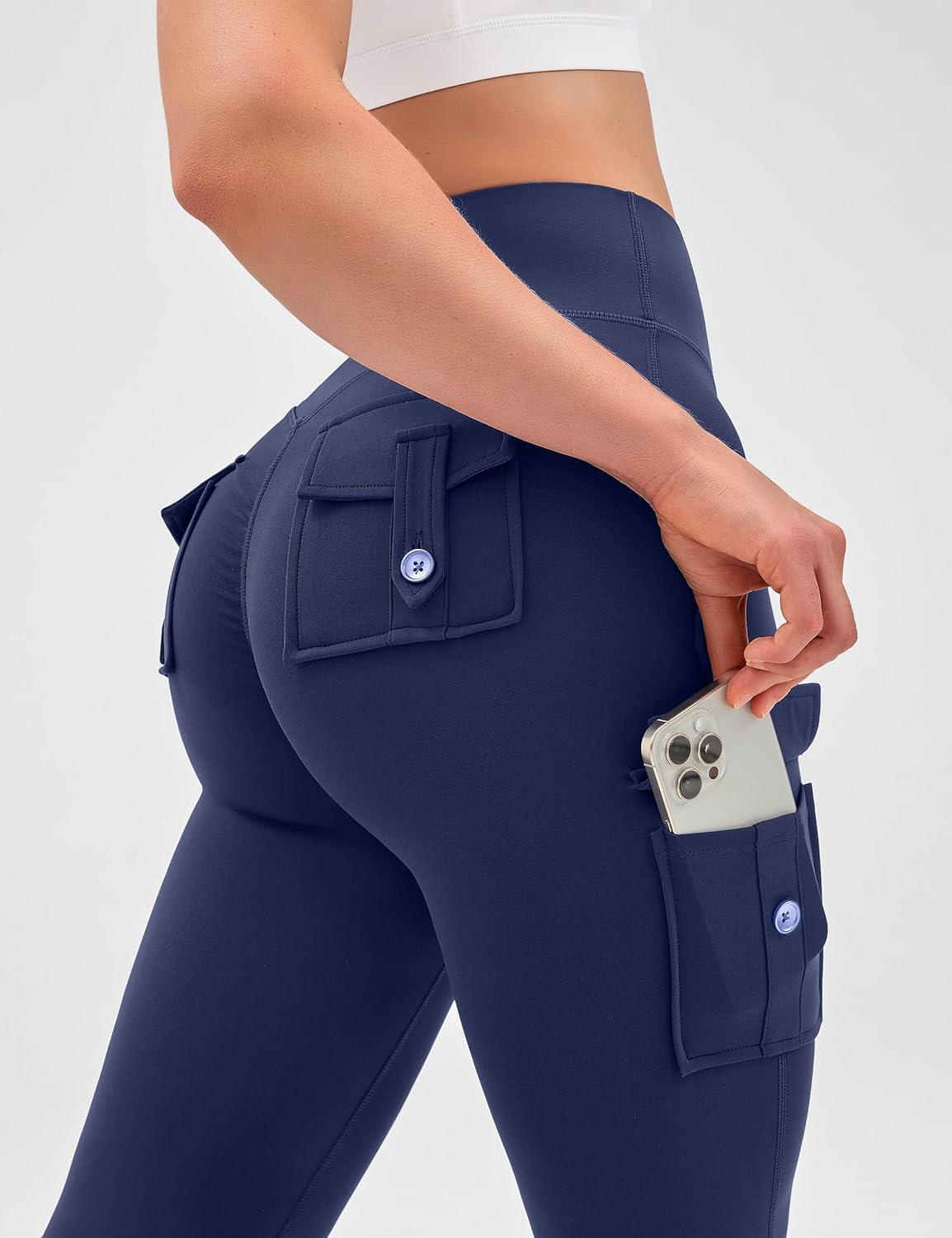 imageOLCHEE Womens Yoga Pants Flare Leggings with Cargo Pockets Scrunch Butt Lifting High Waist Tummy Control Gym Workout BootcutInseam 33 Navy Blue
