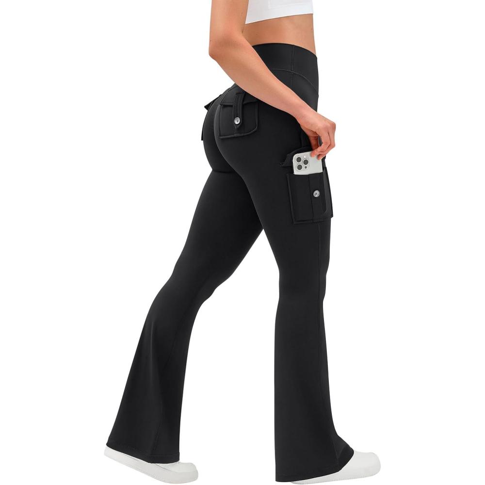imageOLCHEE Womens Yoga Pants Flare Leggings with Cargo Pockets Scrunch Butt Lifting High Waist Tummy Control Gym Workout BootcutInseam 33 Black