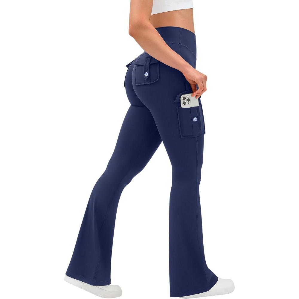imageOLCHEE Womens Yoga Pants Flare Leggings with Cargo Pockets Scrunch Butt Lifting High Waist Tummy Control Gym Workout BootcutInseam 33 Navy Blue