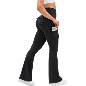 OLCHEE Womens Yoga Pants Flare Leggings with Cargo Pockets Scrunch Butt Lifting High Waist Tummy Control Gym Workout Bootcut(Inseam 31″: Black)