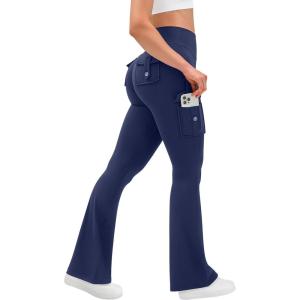 OLCHEE Womens Yoga Pants Flare Leggings with Cargo Pockets Scrunch Butt Lifting High Waist Tummy Control Gym Workout Bootcut(Inseam 31″: Navy Blue)