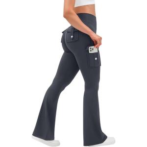 OLCHEE Womens Yoga Pants Flare Leggings with Cargo Pockets Scrunch Butt Lifting High Waist Tummy Control Gym Workout Bootcut(Inseam 33″: Dark Grey)