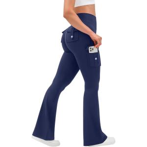 OLCHEE Womens Yoga Pants Flare Leggings with Cargo Pockets Scrunch Butt Lifting High Waist Tummy Control Gym Workout Bootcut(Inseam 33″: Navy Blue)