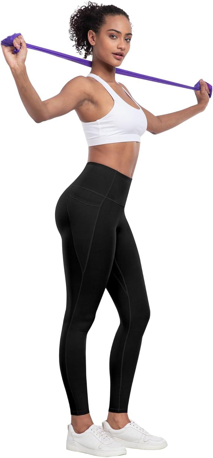 imageLZYVOO Leggings with Pockets for Women 6 Packs Soft High Waisted Tummy Control Workout Yoga PantsBlack black black black black black