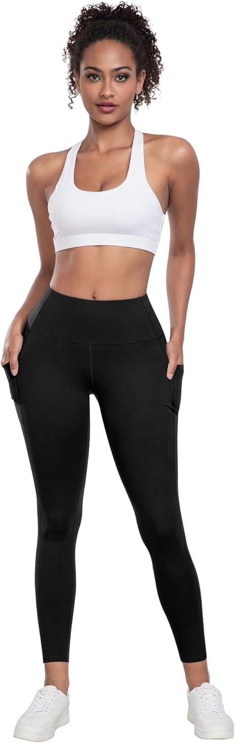imageLZYVOO Leggings with Pockets for Women 6 Packs Soft High Waisted Tummy Control Workout Yoga PantsBlack black black black black black