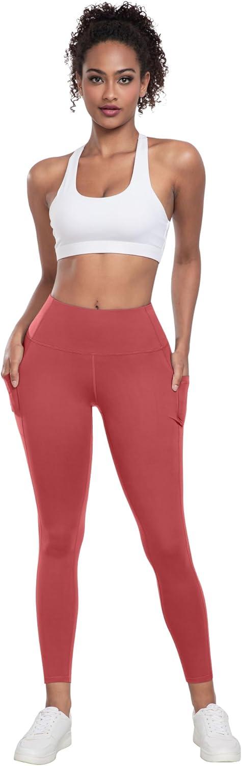 imageLZYVOO Leggings with Pockets for Women 6 Packs Soft High Waisted Tummy Control Workout Yoga PantsBlack gray navy army Green burgundy coral Red