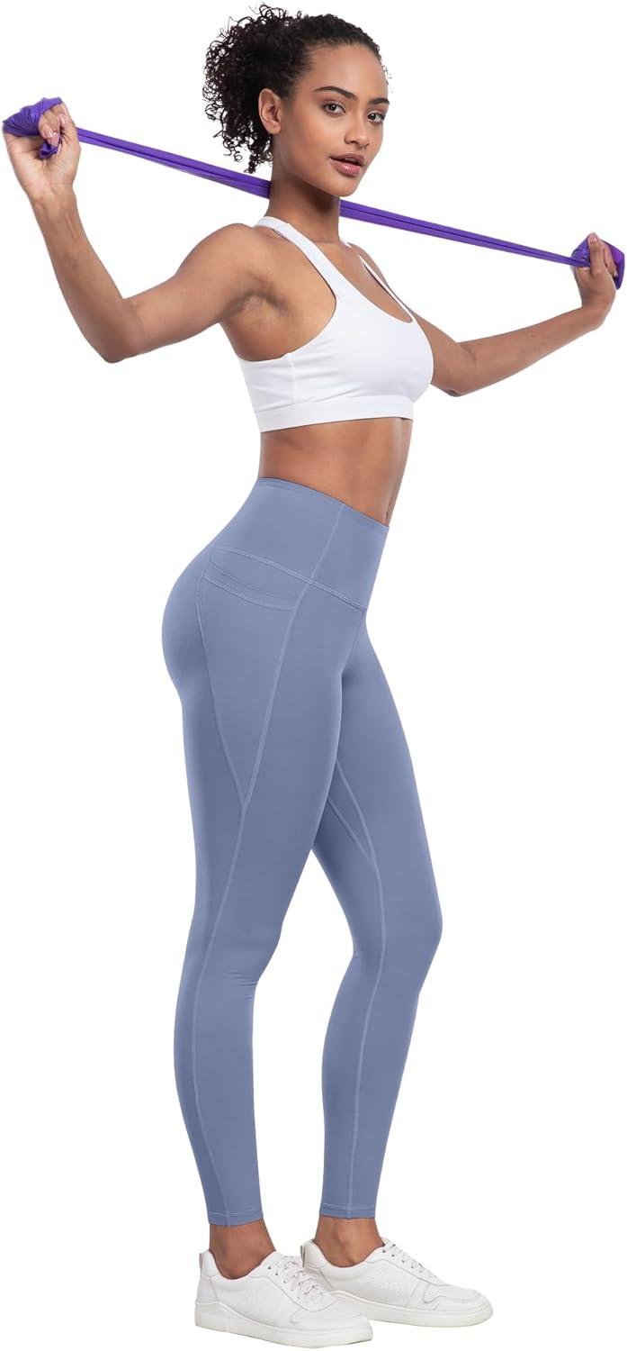 imageLZYVOO Leggings with Pockets for Women 6 Packs Soft High Waisted Tummy Control Workout Yoga PantsBlack gray navy blue coral Red grass Green