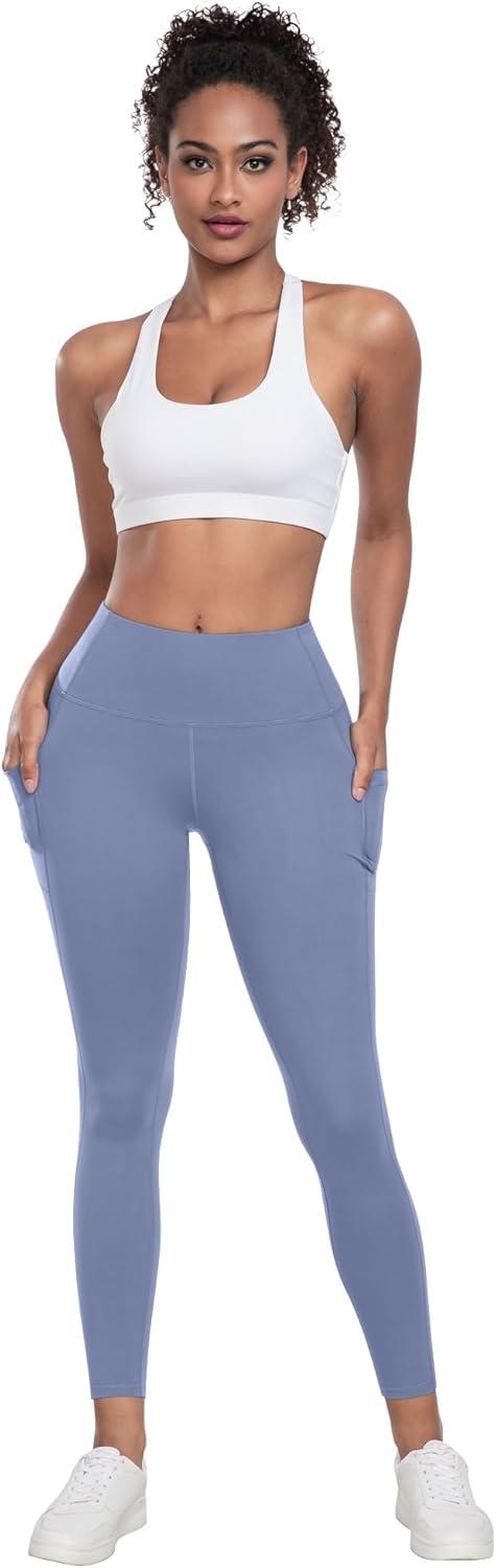 imageLZYVOO Leggings with Pockets for Women 6 Packs Soft High Waisted Tummy Control Workout Yoga PantsBlack gray navy blue coral Red grass Green