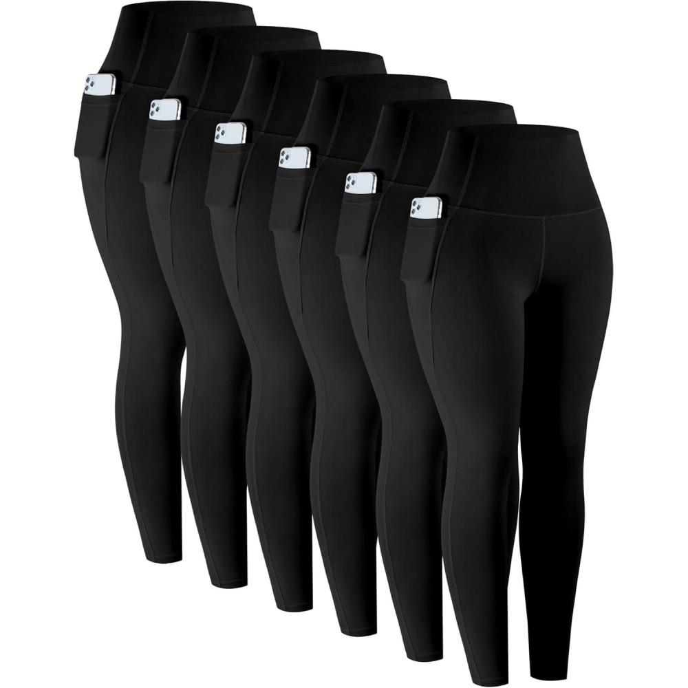imageLZYVOO Leggings with Pockets for Women 6 Packs Soft High Waisted Tummy Control Workout Yoga PantsBlack black black black black black