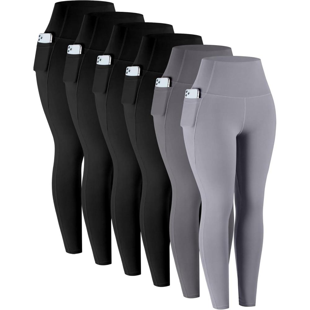 imageLZYVOO Leggings with Pockets for Women 6 Packs Soft High Waisted Tummy Control Workout Yoga PantsBlack black black black dark Gray light Gray