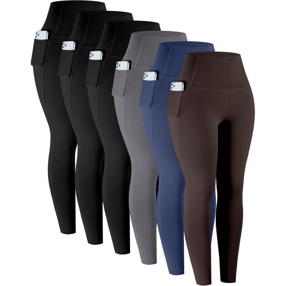 imageLZYVOO Leggings with Pockets for Women 6 Packs Soft High Waisted Tummy Control Workout Yoga PantsBlack black black gray navy brown