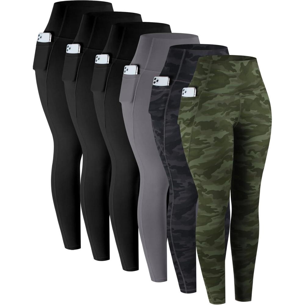 imageLZYVOO Leggings with Pockets for Women 6 Packs Soft High Waisted Tummy Control Workout Yoga PantsBlack black gray camo Green camo Gray