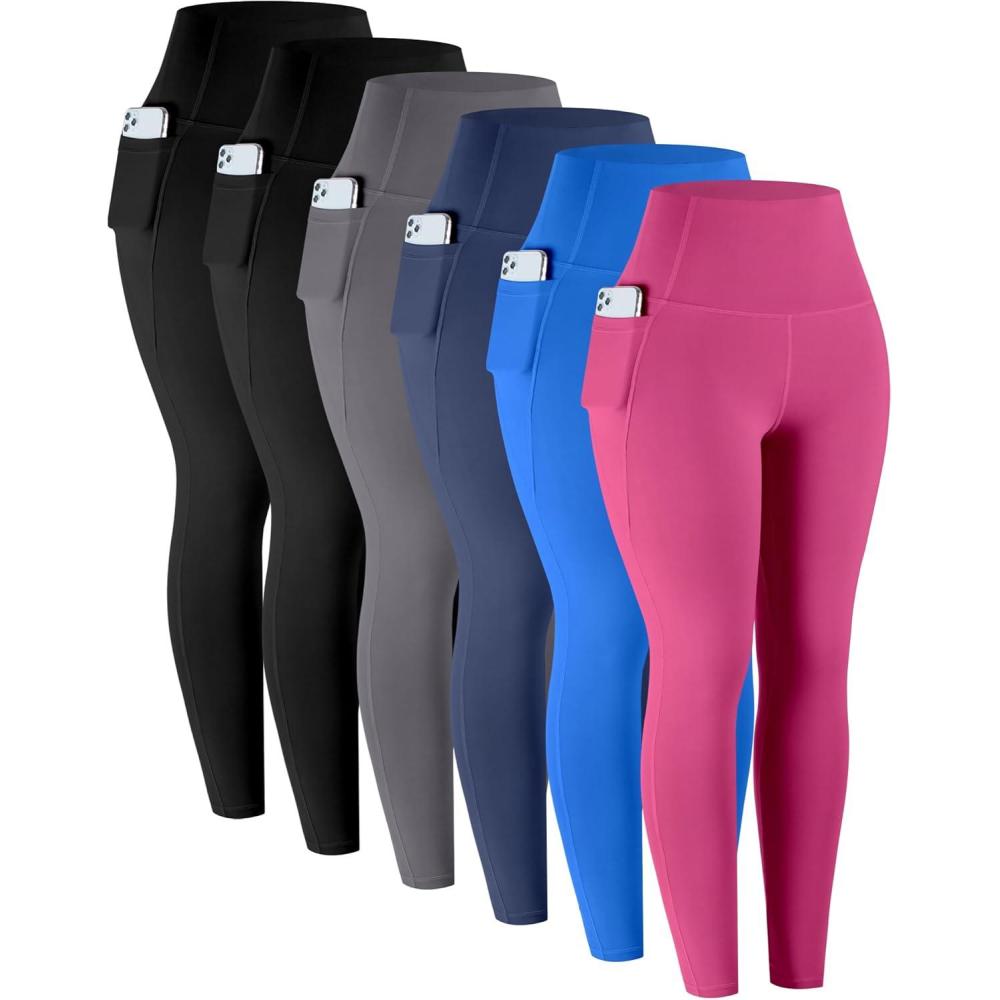 imageLZYVOO Leggings with Pockets for Women 6 Packs Soft High Waisted Tummy Control Workout Yoga PantsBlack black gray navy royal Blue rose