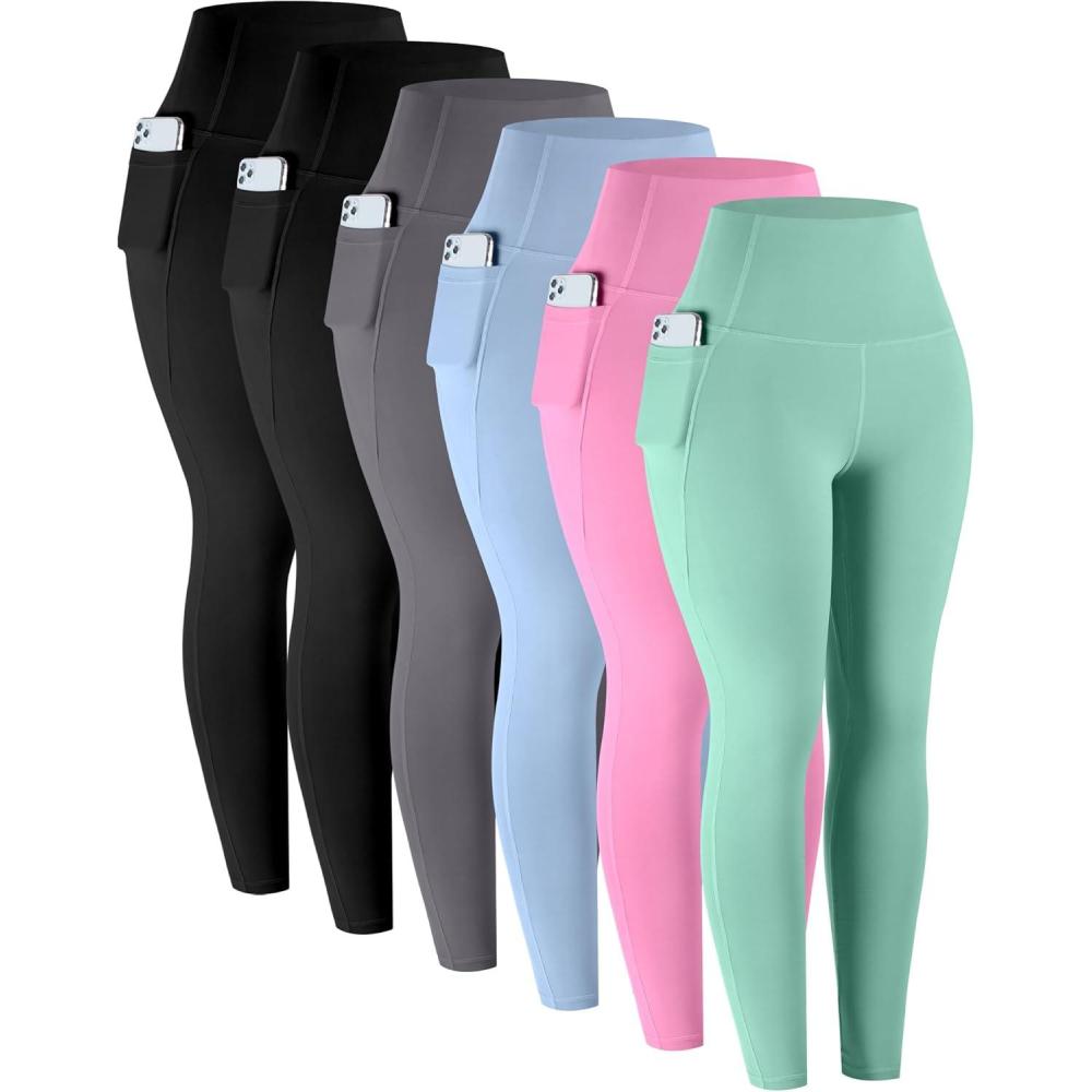 imageLZYVOO Leggings with Pockets for Women 6 Packs Soft High Waisted Tummy Control Workout Yoga PantsBlack black gray sky Blue pink mint