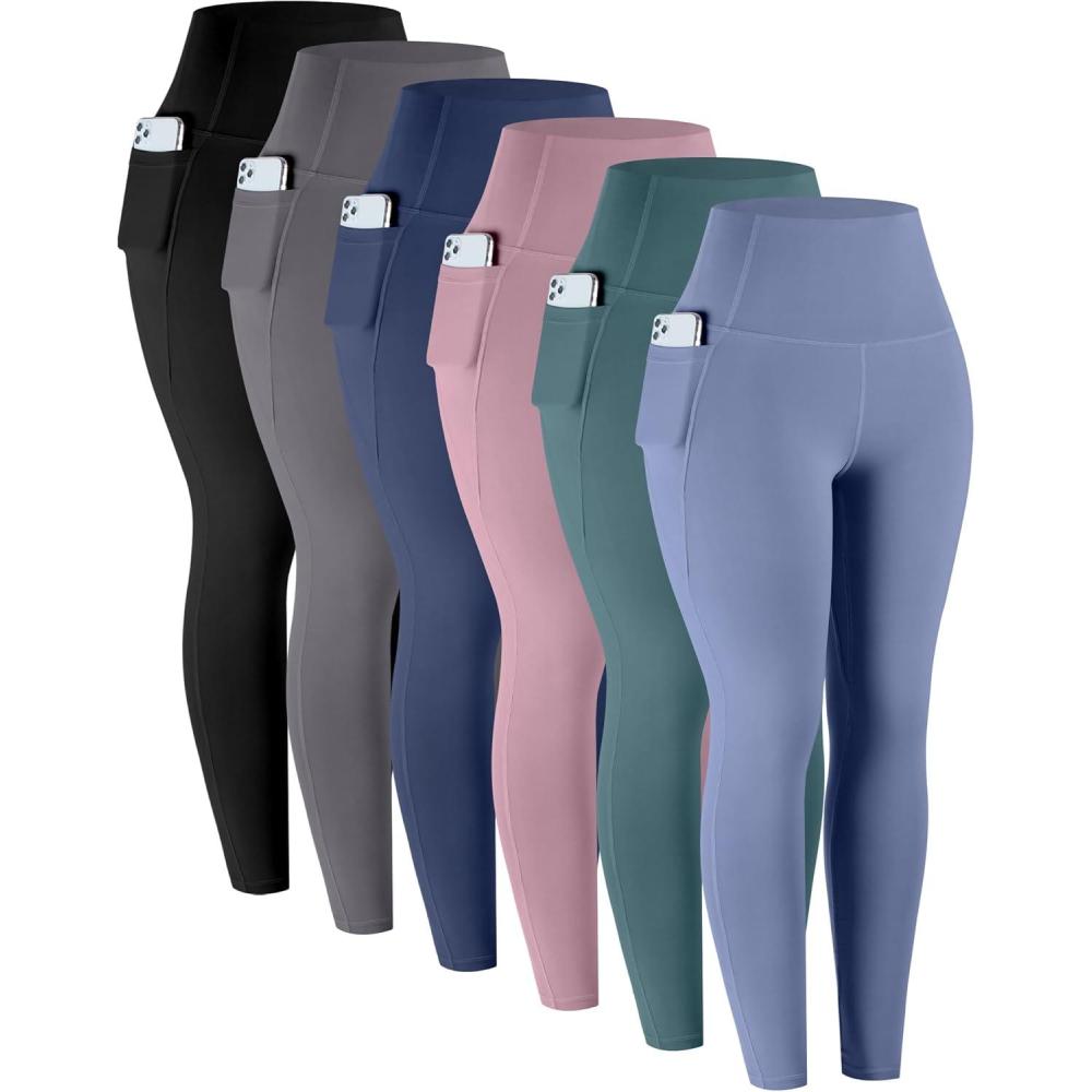 imageLZYVOO Leggings with Pockets for Women 6 Packs Soft High Waisted Tummy Control Workout Yoga PantsBlack gray navy lilac Pink teal blue