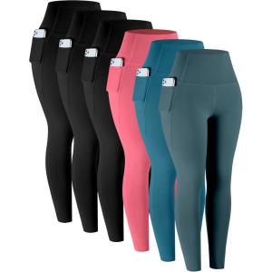 LZYVOO Leggings with Pockets for Women, 6 Packs Soft High Waisted Tummy Control Workout Yoga Pants(Black black black neon Pink turquoise teal)