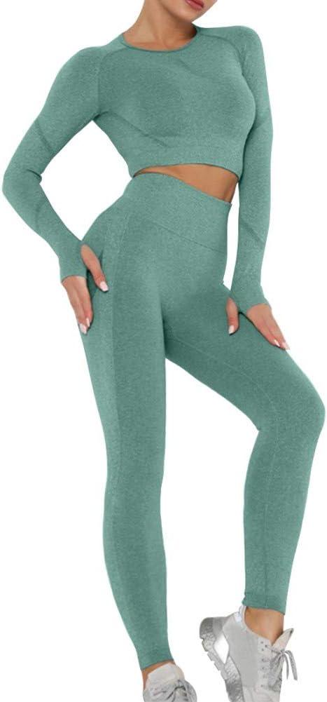 imageOLCHEE Womens 2 Piece Workout Outfit Leggings and Crop Top Yoga Set Green M