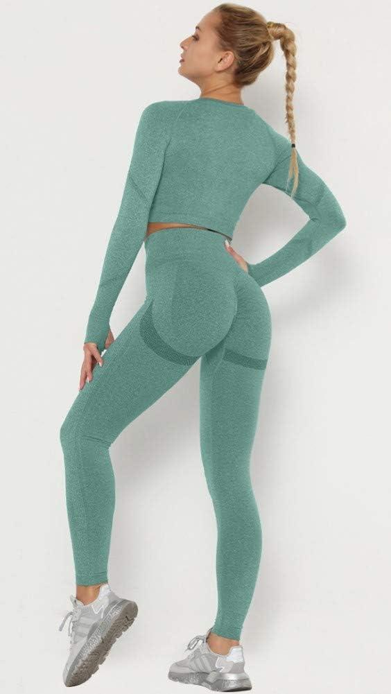 imageOLCHEE Womens 2 Piece Workout Outfit Leggings and Crop Top Yoga Set Green M
